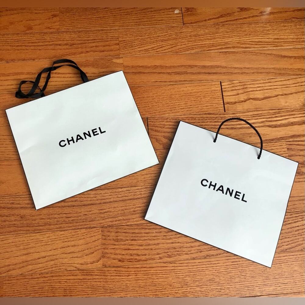 Chanel Authentic Bundle of Two White Paper Shopping Bags with Black Handles